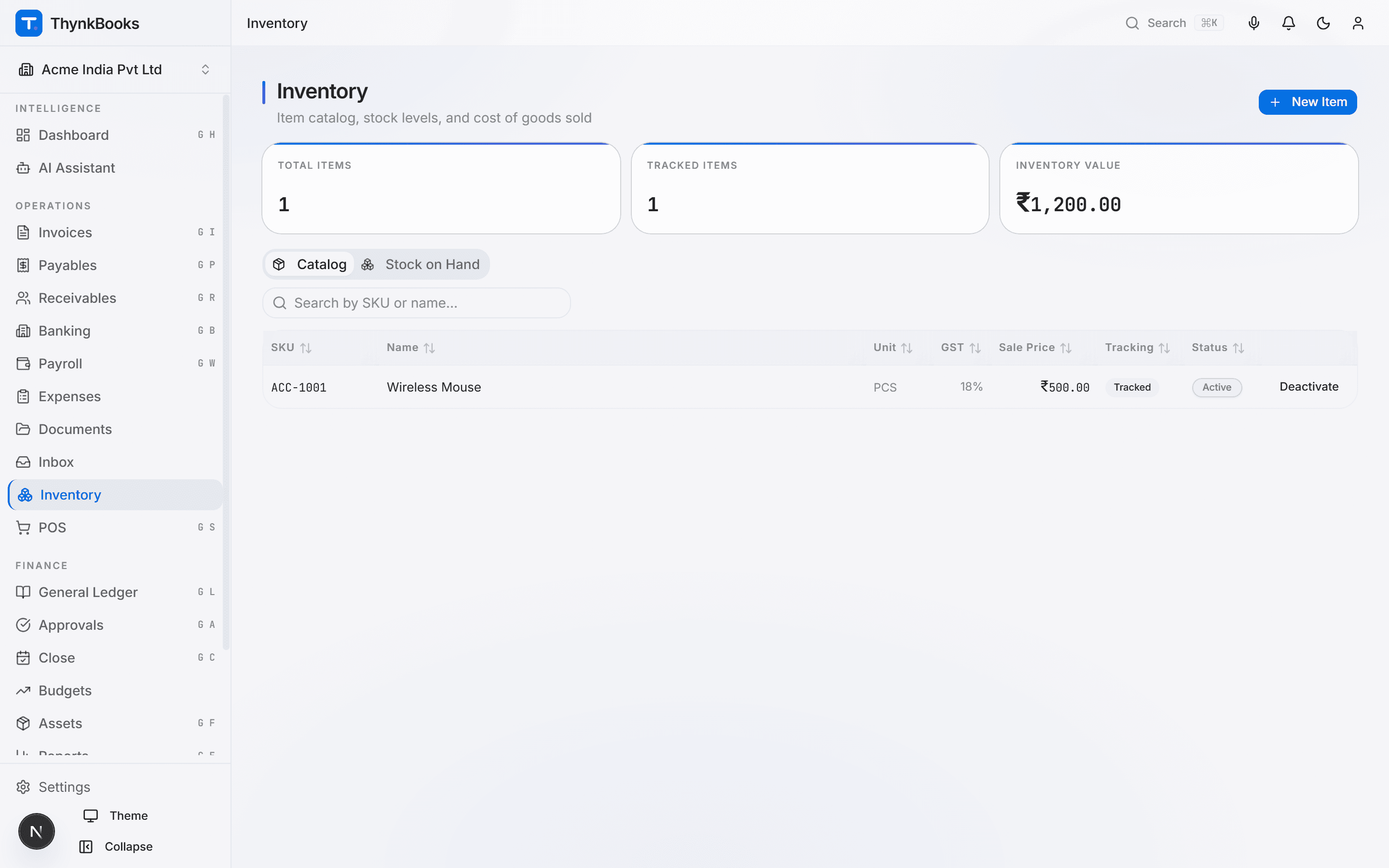 ThynkBooks inventory workspace with item catalog, stock on hand and costing method