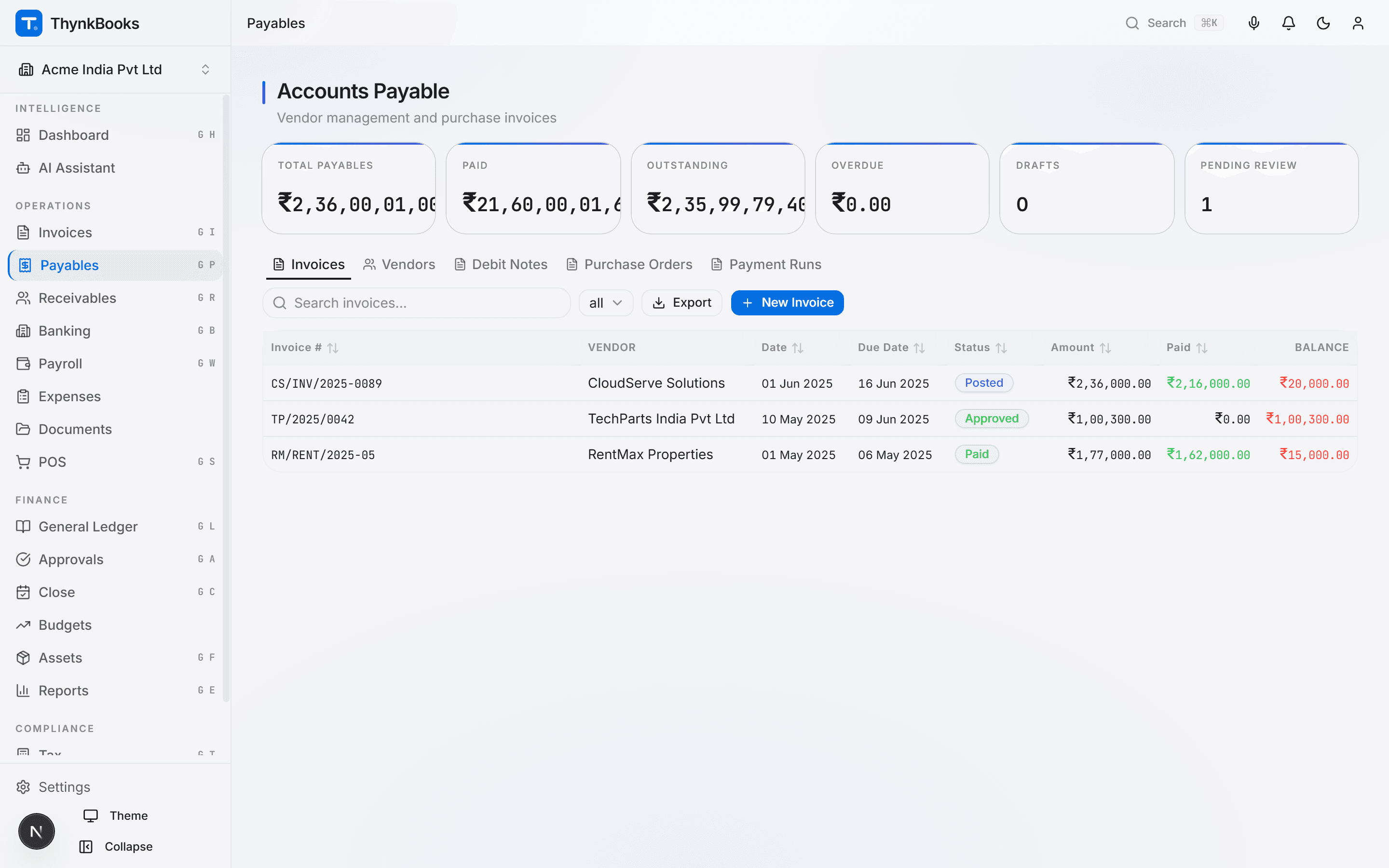 ThynkBooks accounts payable workspace with vendor invoices, GST breakup and TDS deductions