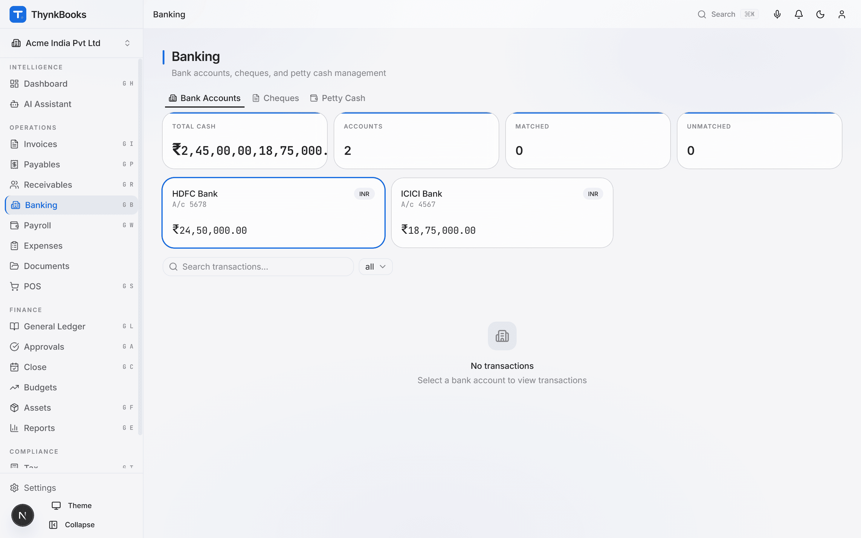 ThynkBooks banking module showing bank accounts, transactions and reconciliation status