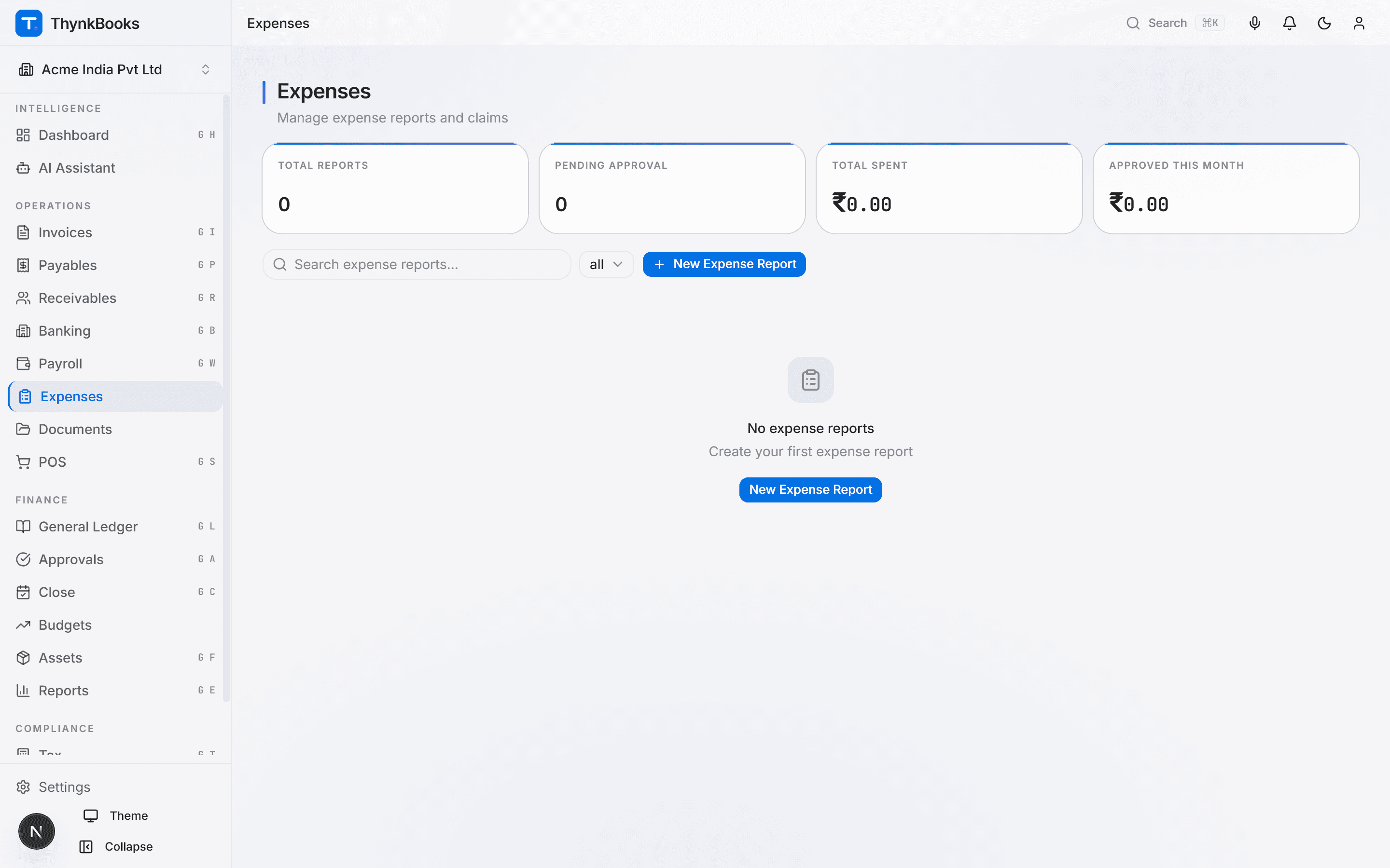 ThynkBooks expense reports with categories, policies and approval status