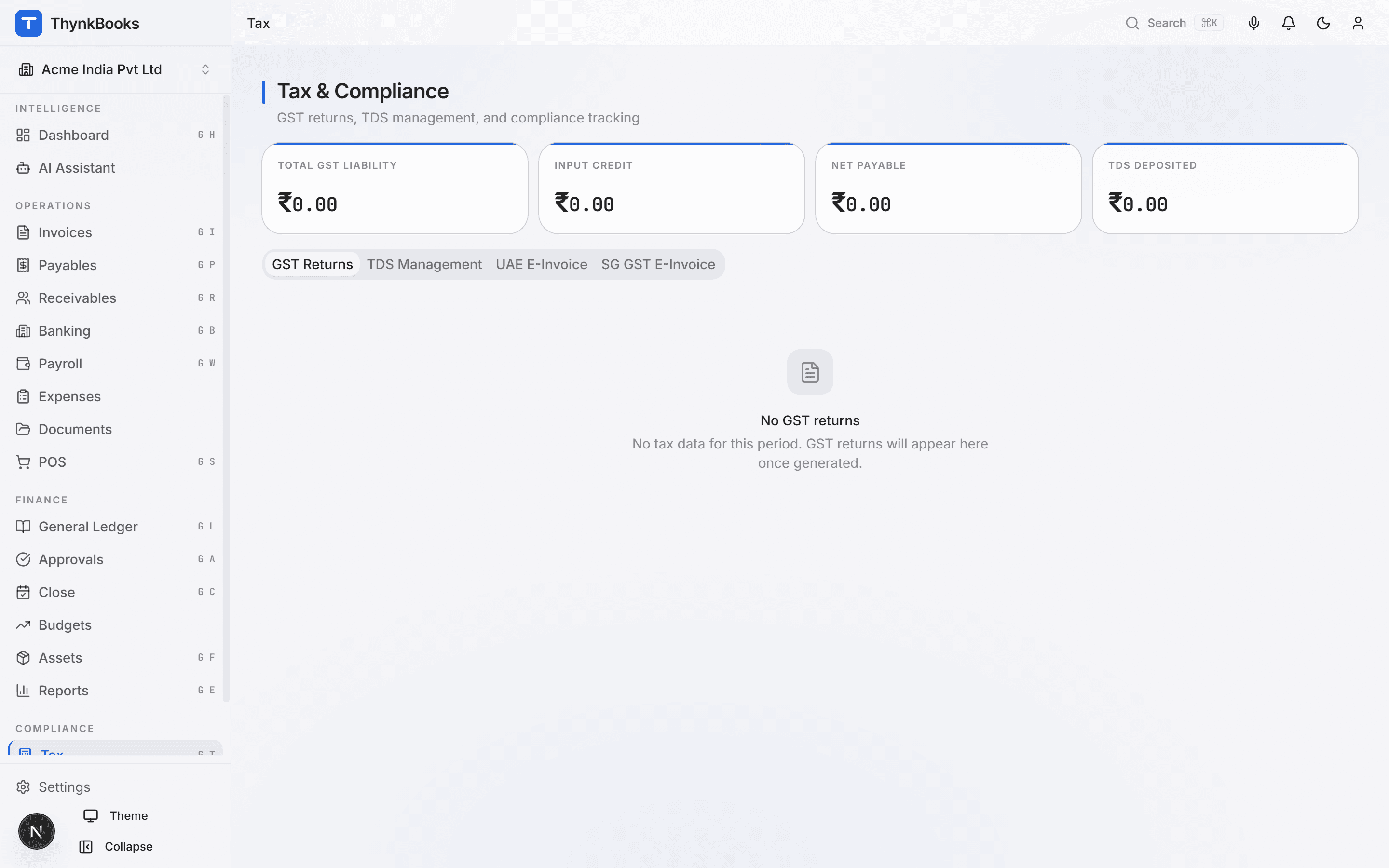 ThynkBooks tax centre with GST returns, TDS and compliance status